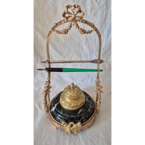 Second Empire-era Bronze And Marble Inkwell With Watch And Quills 