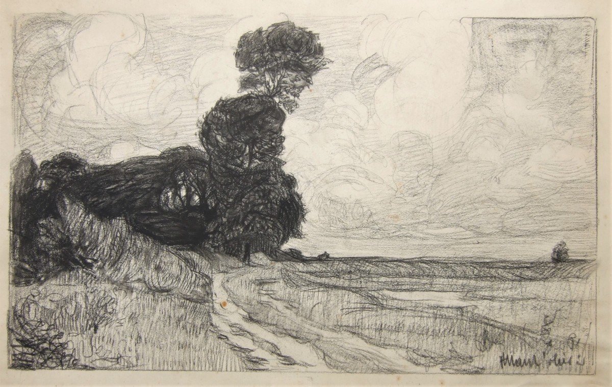 Fernand Allard l'Olivier - Paysage post impressioniste , Un Chemin Le Long d'Un Lac. Signé. 