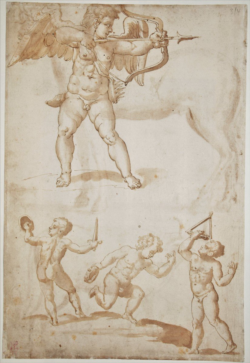 Italian School, End 16th , Study Of Cupid, Putti, Animals On The Back. Coll. Burgi, L.3400-photo-2