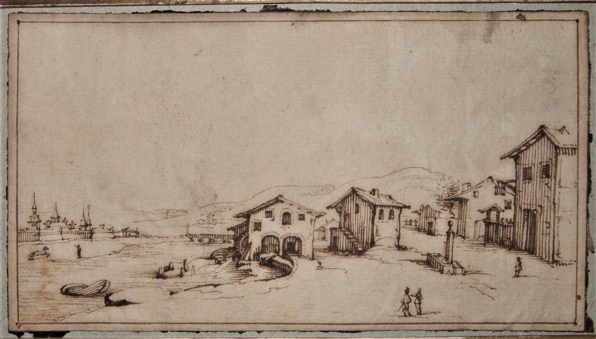 Nancy School, 17th. View Of A Village On The Bank Of A River, Fortifications On The Left.framed