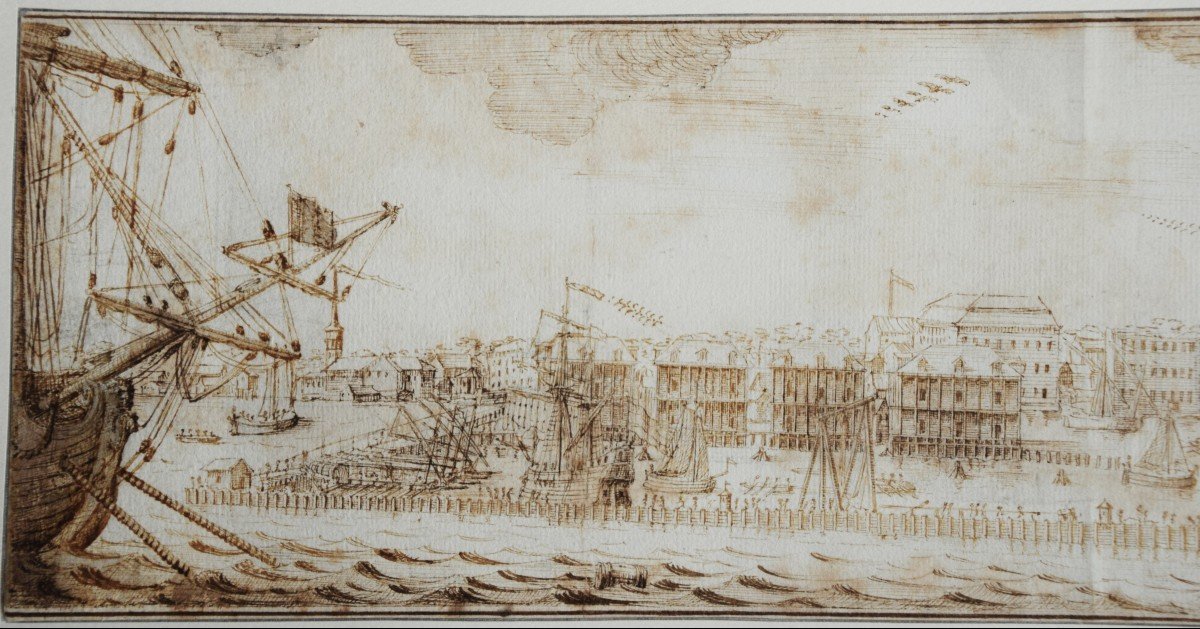 Ecole Hollandaise, Vers 1700. Vue Panoramique d'Un Port. 13 x 50 cm.-photo-2