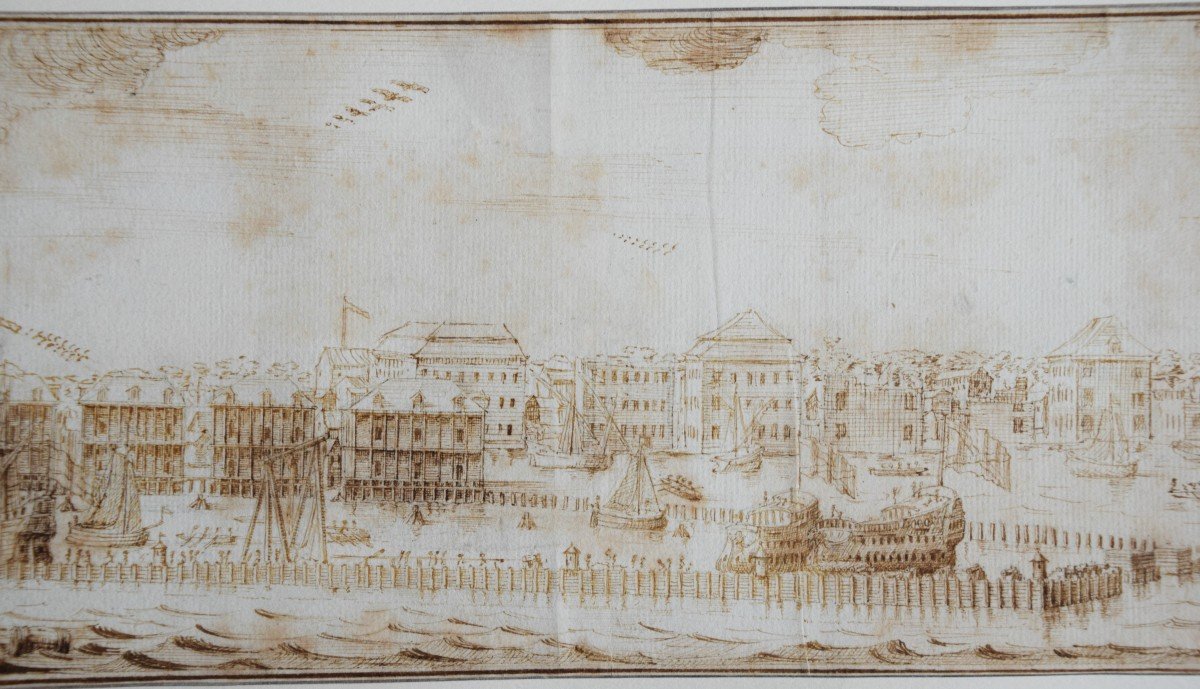Ecole Hollandaise, Vers 1700. Vue Panoramique d'Un Port. 13 x 50 cm.-photo-3