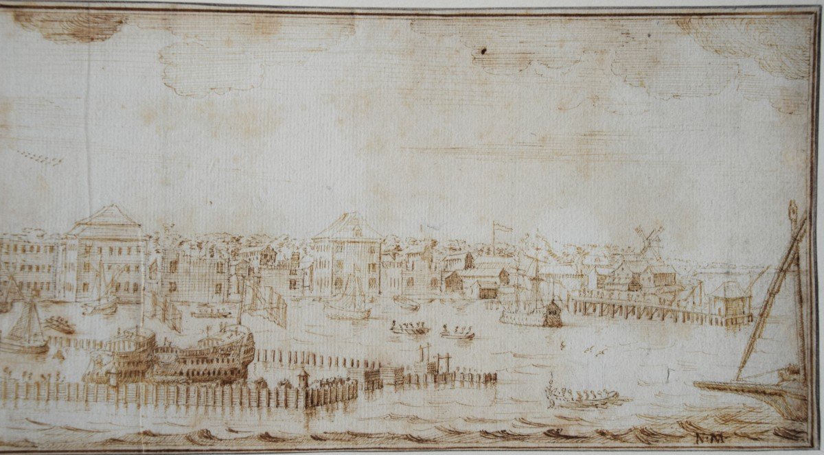 Ecole Hollandaise, Vers 1700. Vue Panoramique d'Un Port. 13 x 50 cm.-photo-4