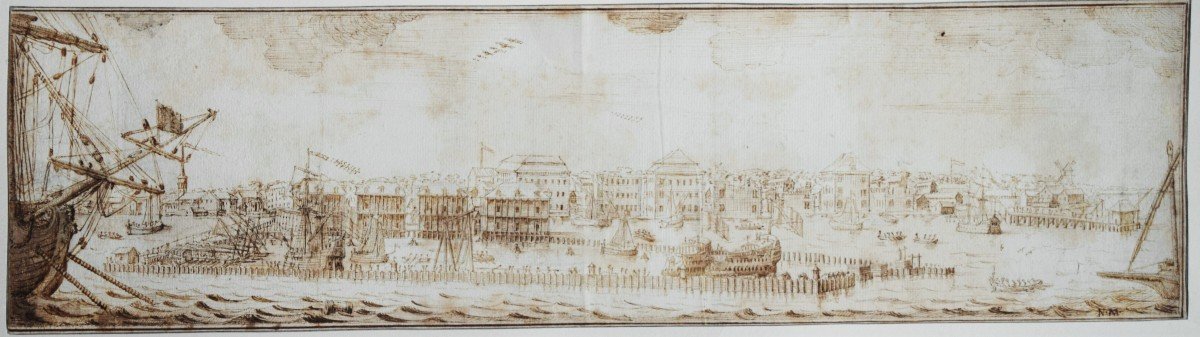Ecole Hollandaise, Vers 1700. Vue Panoramique d'Un Port. 13 x 50 cm.
