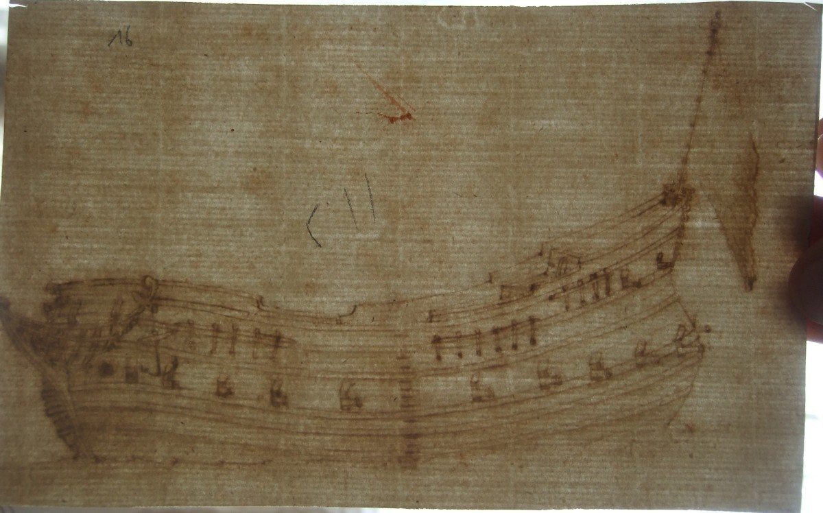 Ecole Italienne Du 17è. Etude d'Un Vaisseau.-photo-3