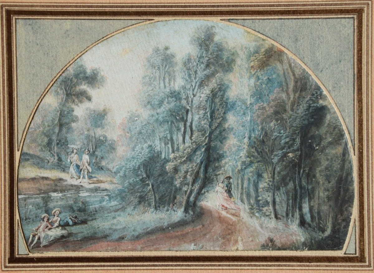 18th Century French School. Gallant Walk In The Forest. -photo-2
