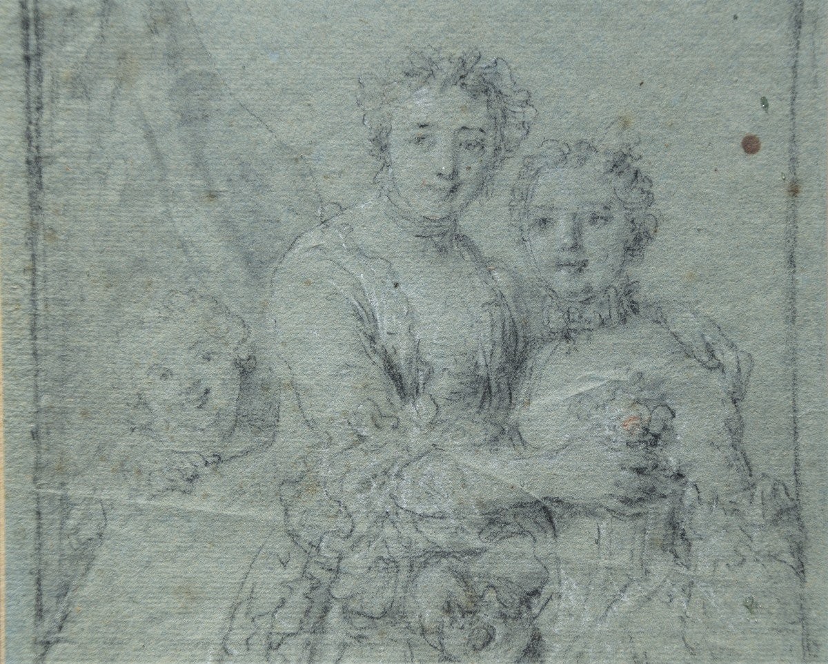Ecole Française Du XVIII. Portrait d'Une Mère Et De Sa Fille.-photo-2