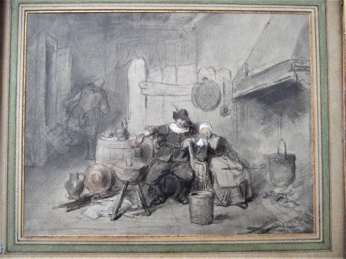 Jean-baptiste Madou - 1796-1877. Interior Scene. Preparatory Drawing For An Engraving.