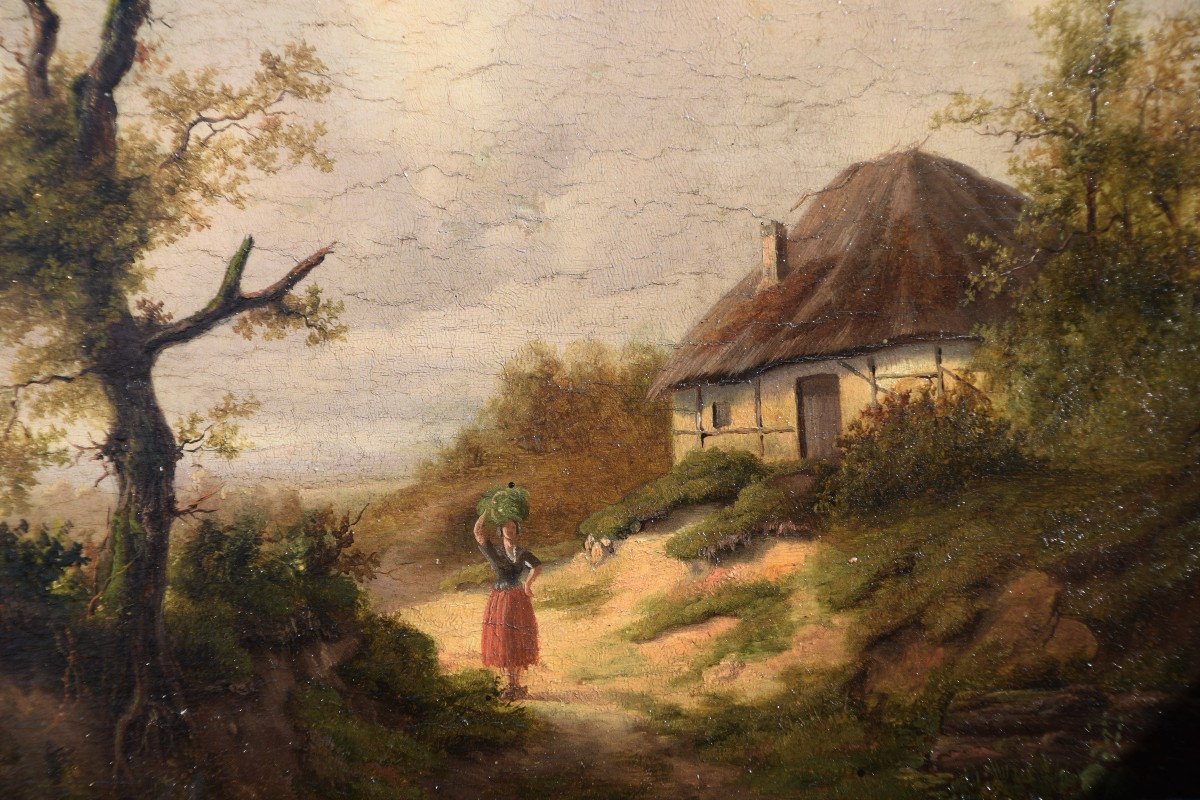 Northern School, Early 19th Century. Landscape With Tree, Animated By A Peasant Woman, A Thatched Cottage On The Right-photo-2