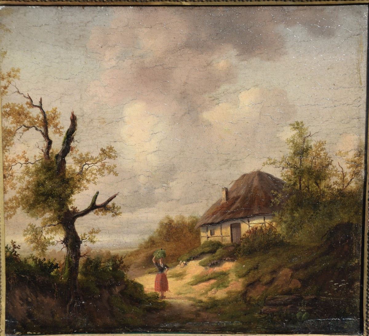 Northern School, Early 19th Century. Landscape With Tree, Animated By A Peasant Woman, A Thatched Cottage On The Right