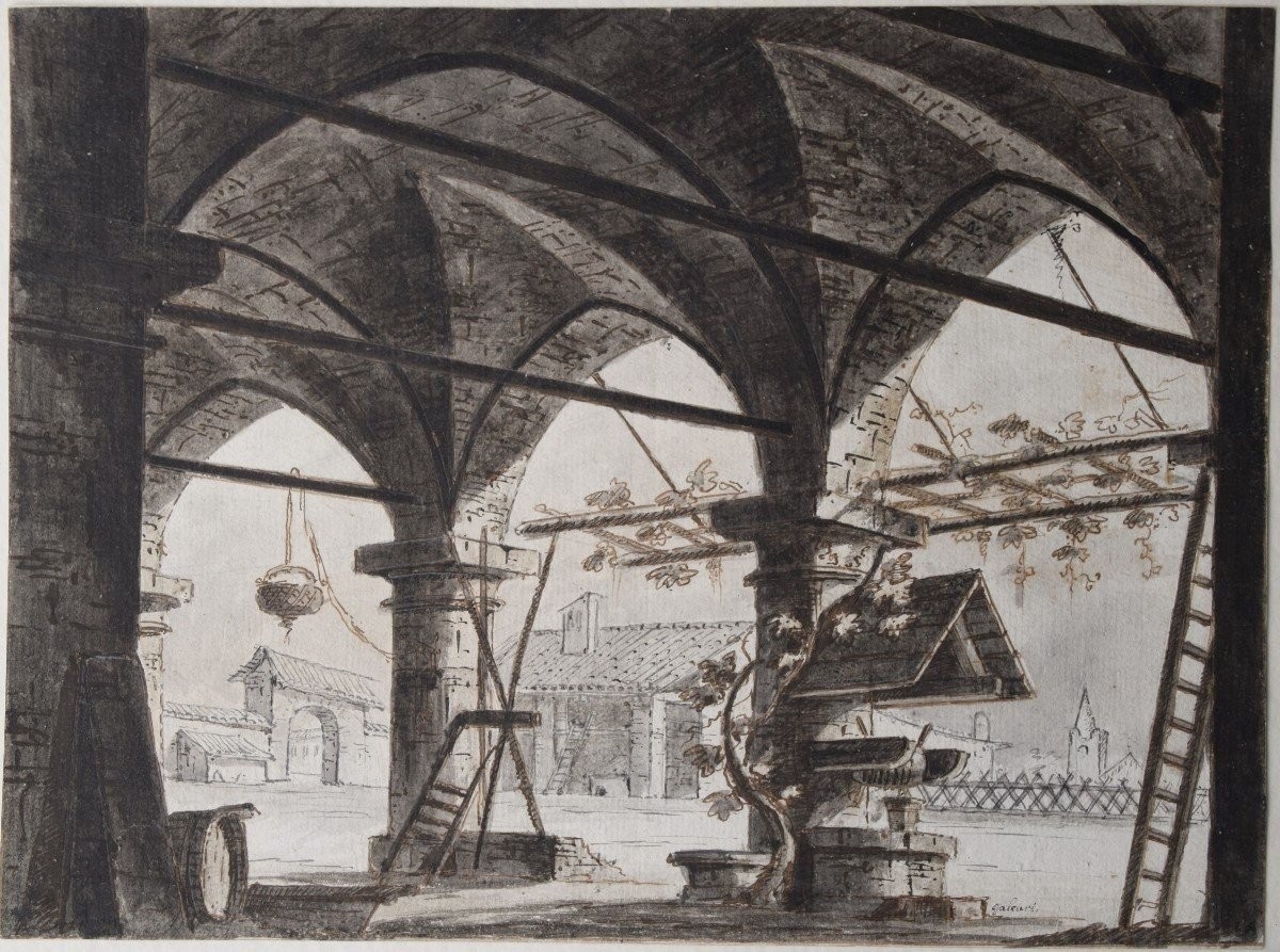 Gaspare Galliari. Vue d'une loggia donnant sur une cour.