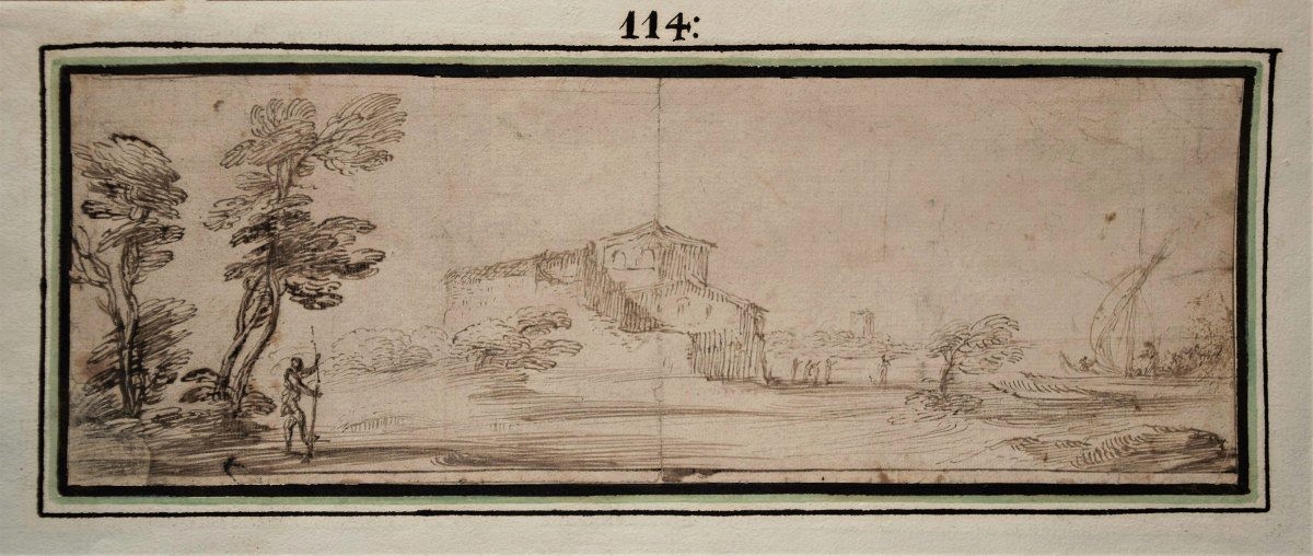 17th Century Bolognese School. Animated Landscape On The Banks Of The River.