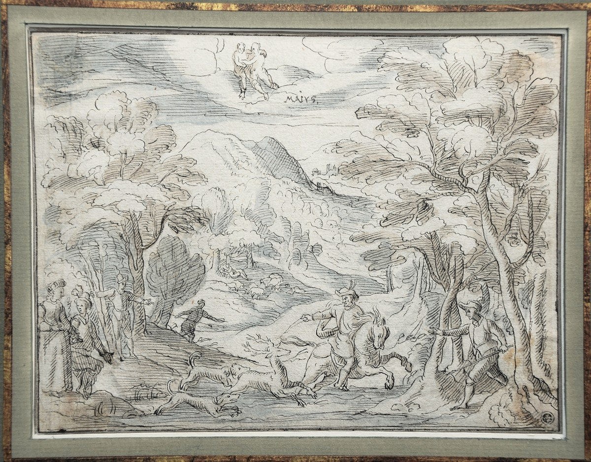 Attributed To Lambert De Hondt 1620-1665. Deer Hunting Scene, Allegory Of The Month Of March.
