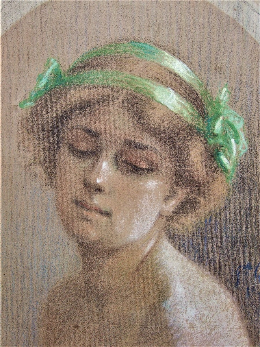 Portrait Of A Young Woman. Signed Quinaux. Pastel, Framed.