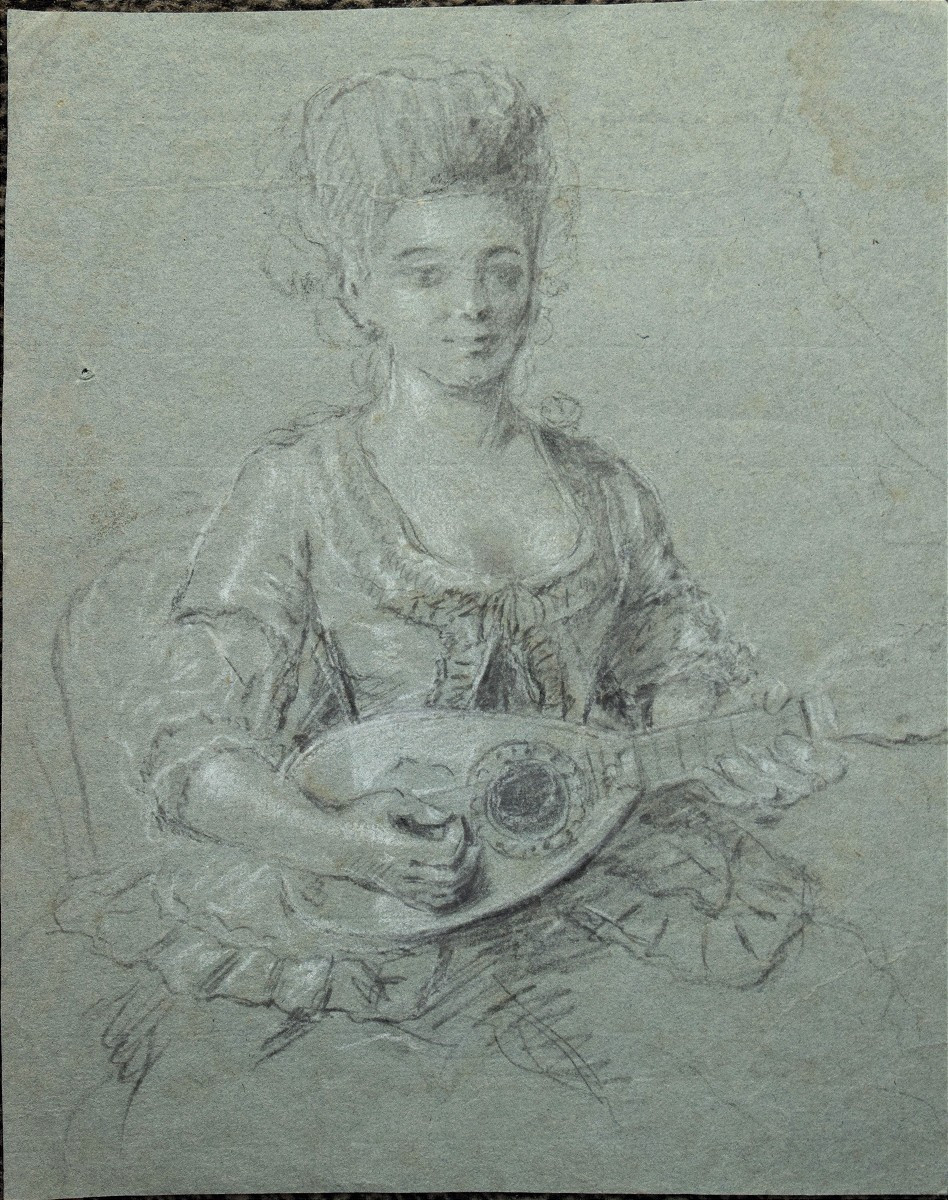 Ecolefrançaise du XVIIIè. Femme jouant de la mandoine.-photo-2