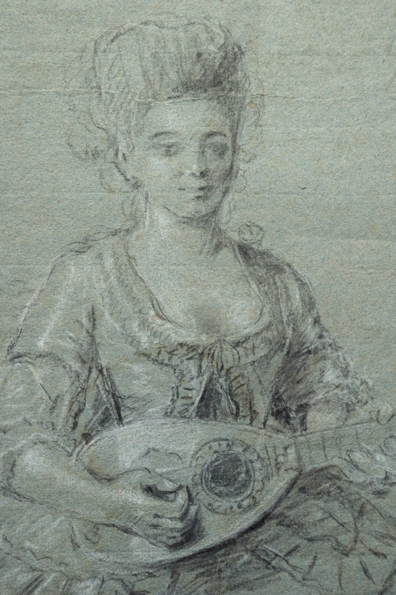 Ecolefrançaise du XVIIIè. Femme jouant de la mandoine.