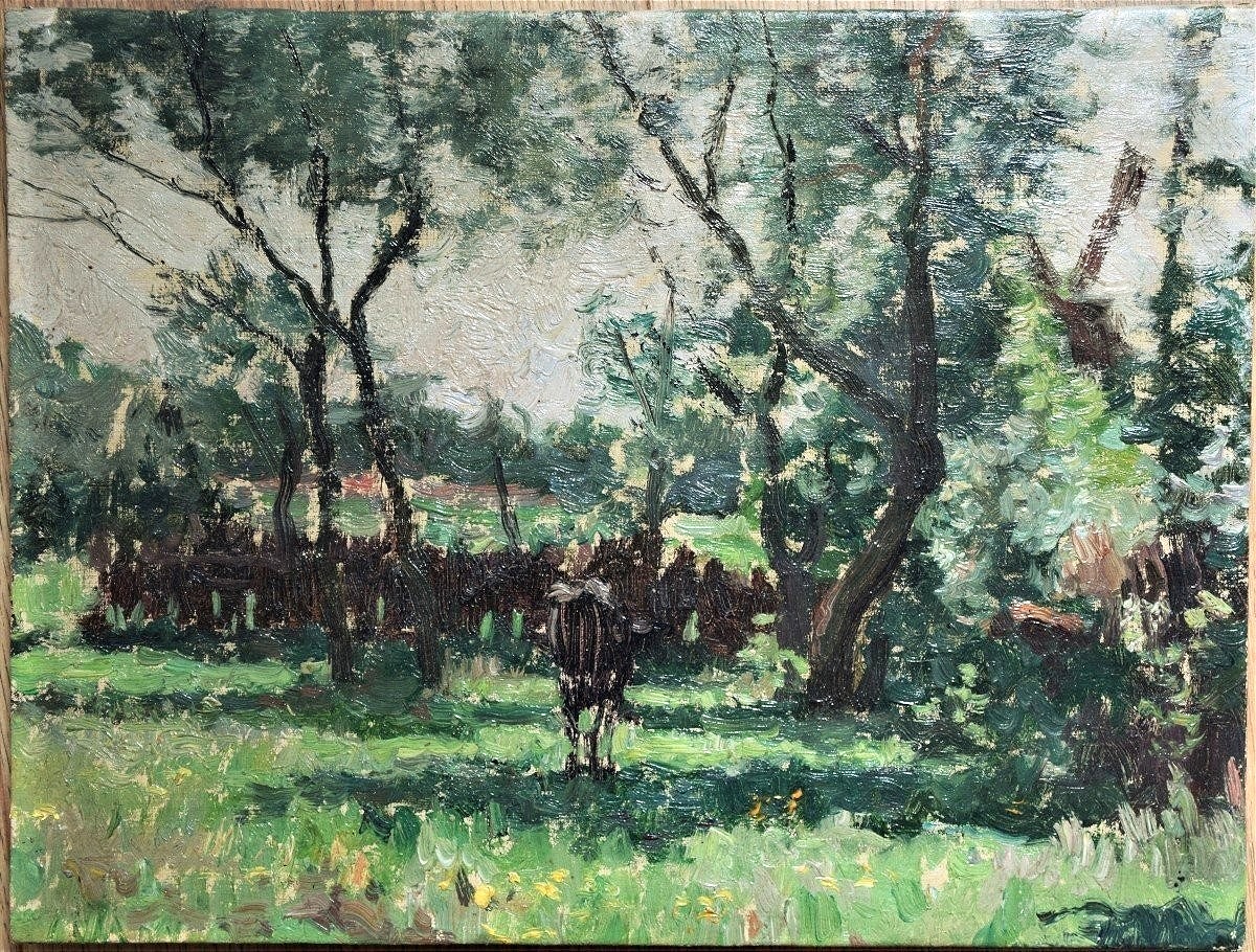 Ecole belge fin XIXè. Une vache dans un pré, un moulin sur la droite.