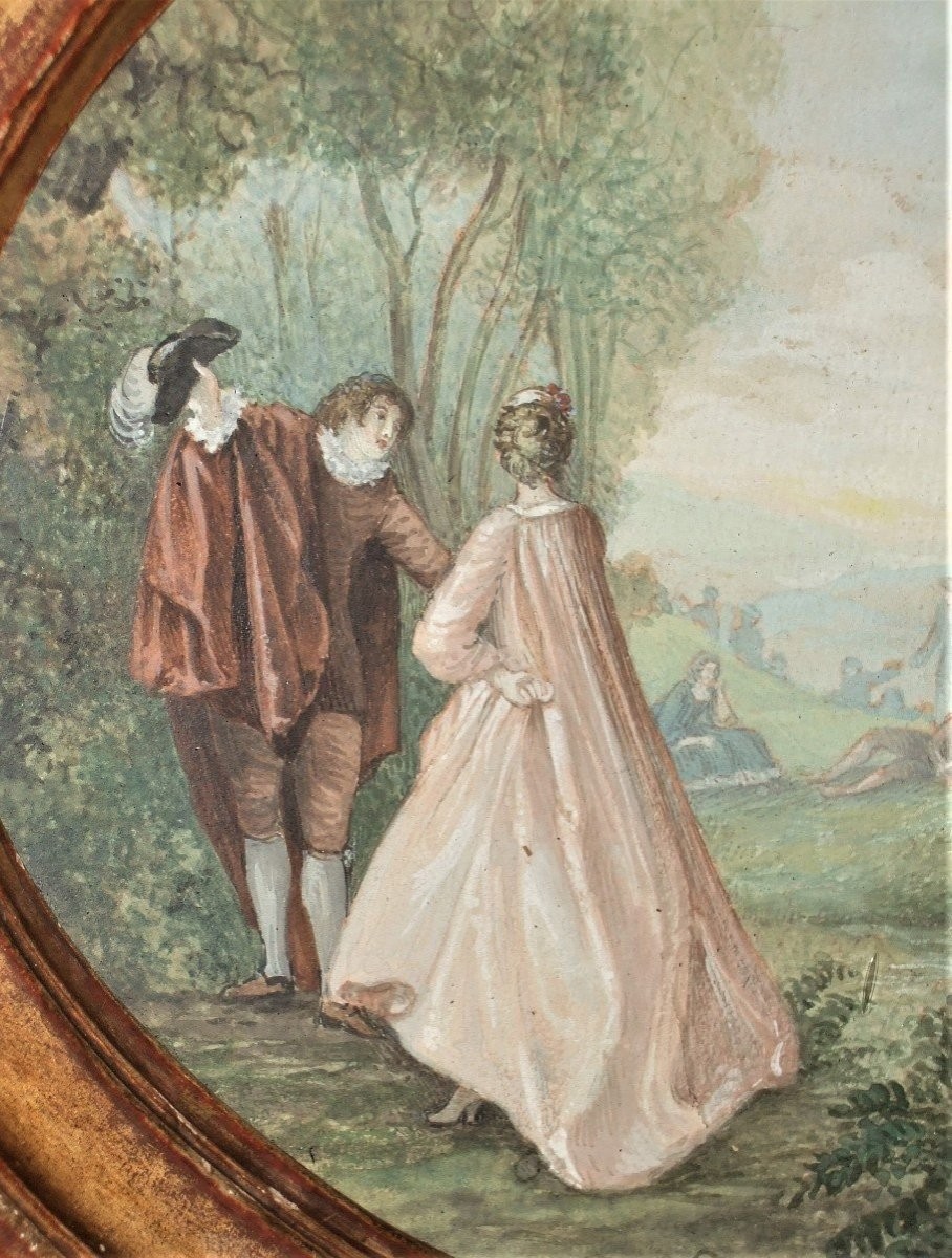 Ecole française du XVIIIè. Scène galante dans un parc, une fontaine sur la droite.-photo-3