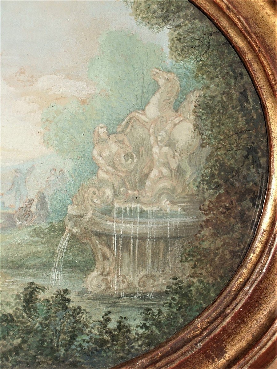 Ecole française du XVIIIè. Scène galante dans un parc, une fontaine sur la droite.-photo-4