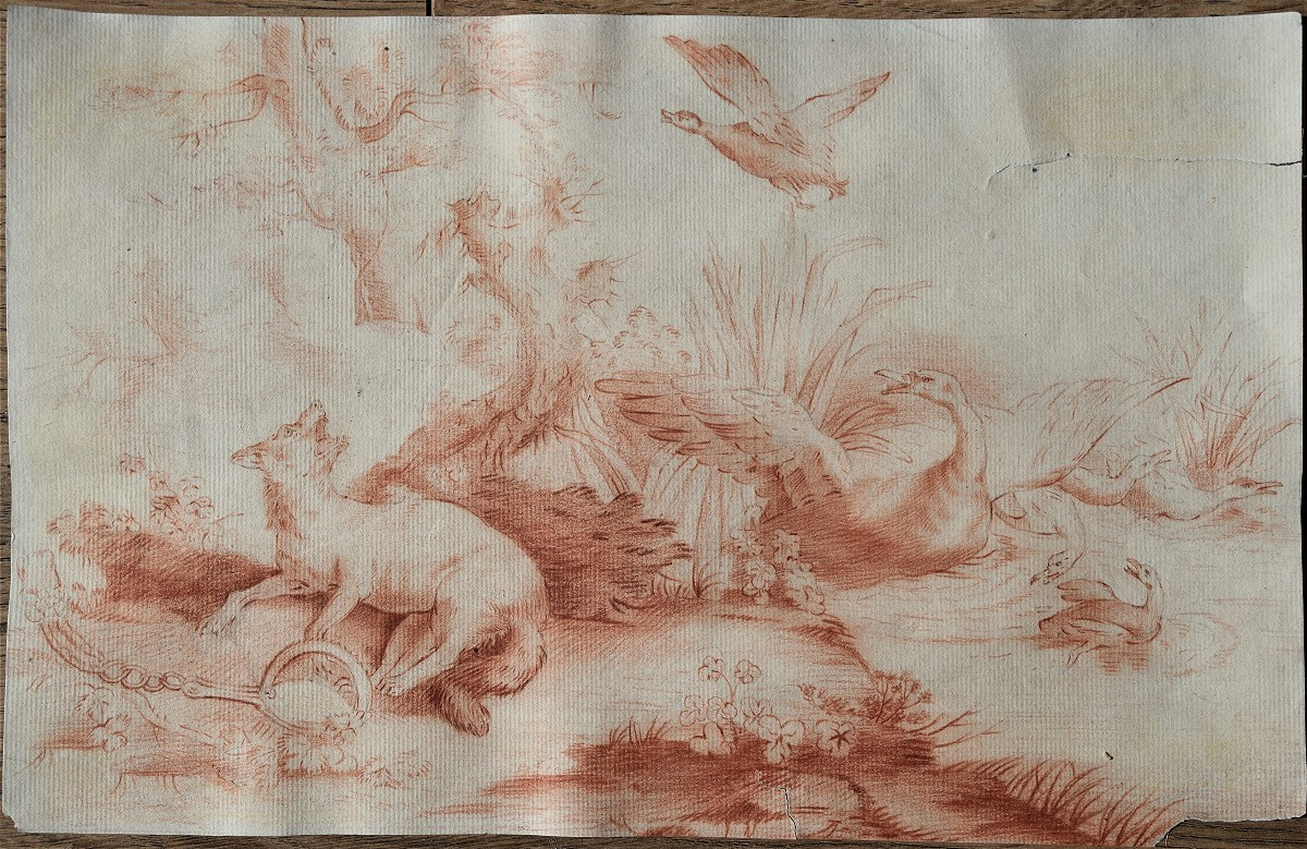 Jean-charles Oudry 1720 - 1778. Wolf Trapped At The Edge Of A Duck Pond.