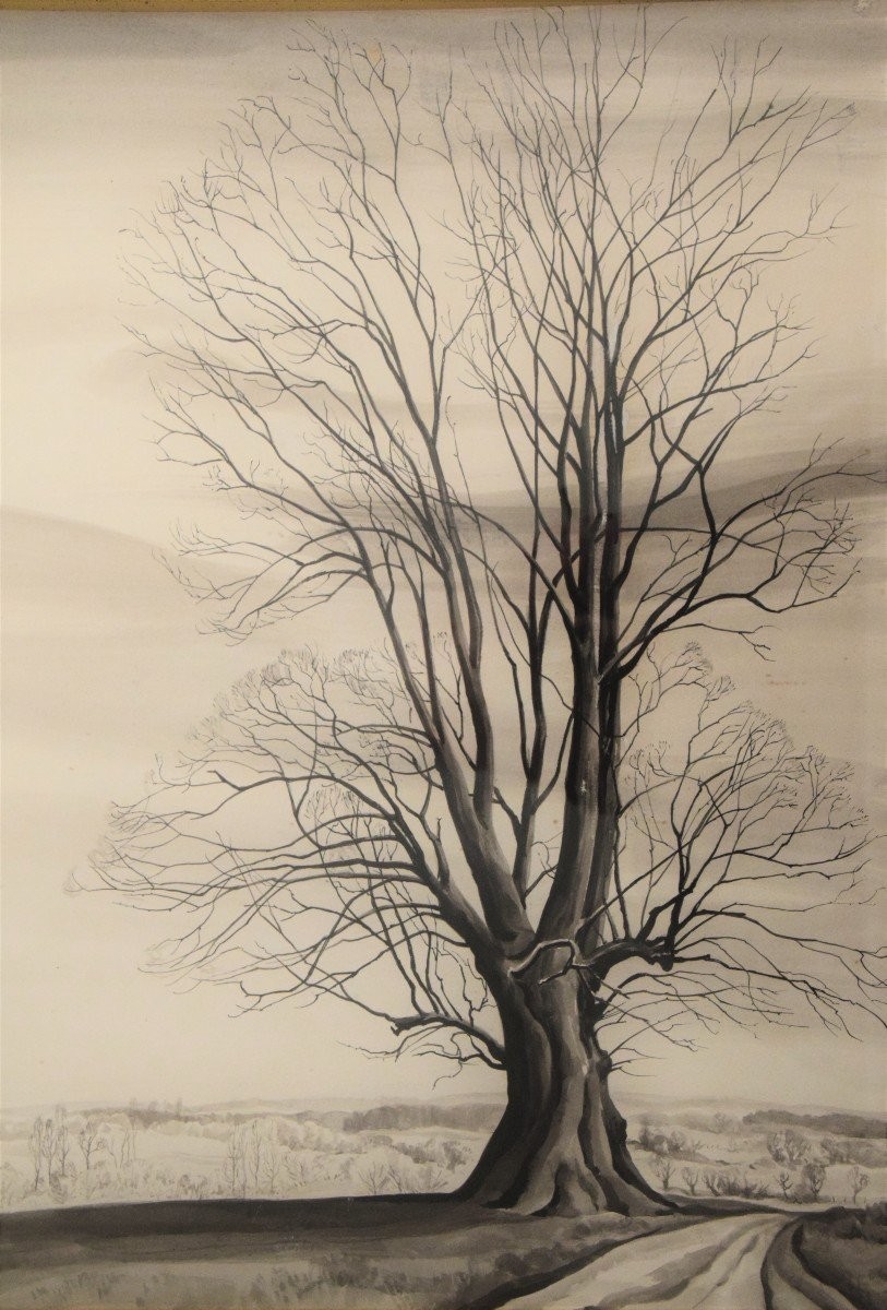 Suzannz Cocq 1894 - 1979. Landscape With A Tree In Winter. 1968.-photo-2