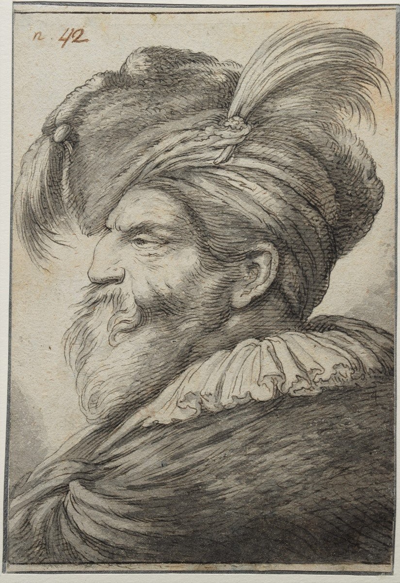 18th Century School, After Castiglione. Portrait Of A Bearded Man Wearing A Cap With A Crest.