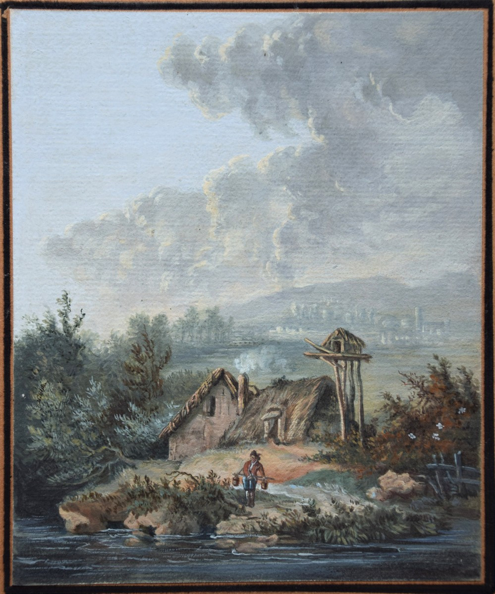 Ecole française, vers 1800.Chaumière au bord d'un lac.
