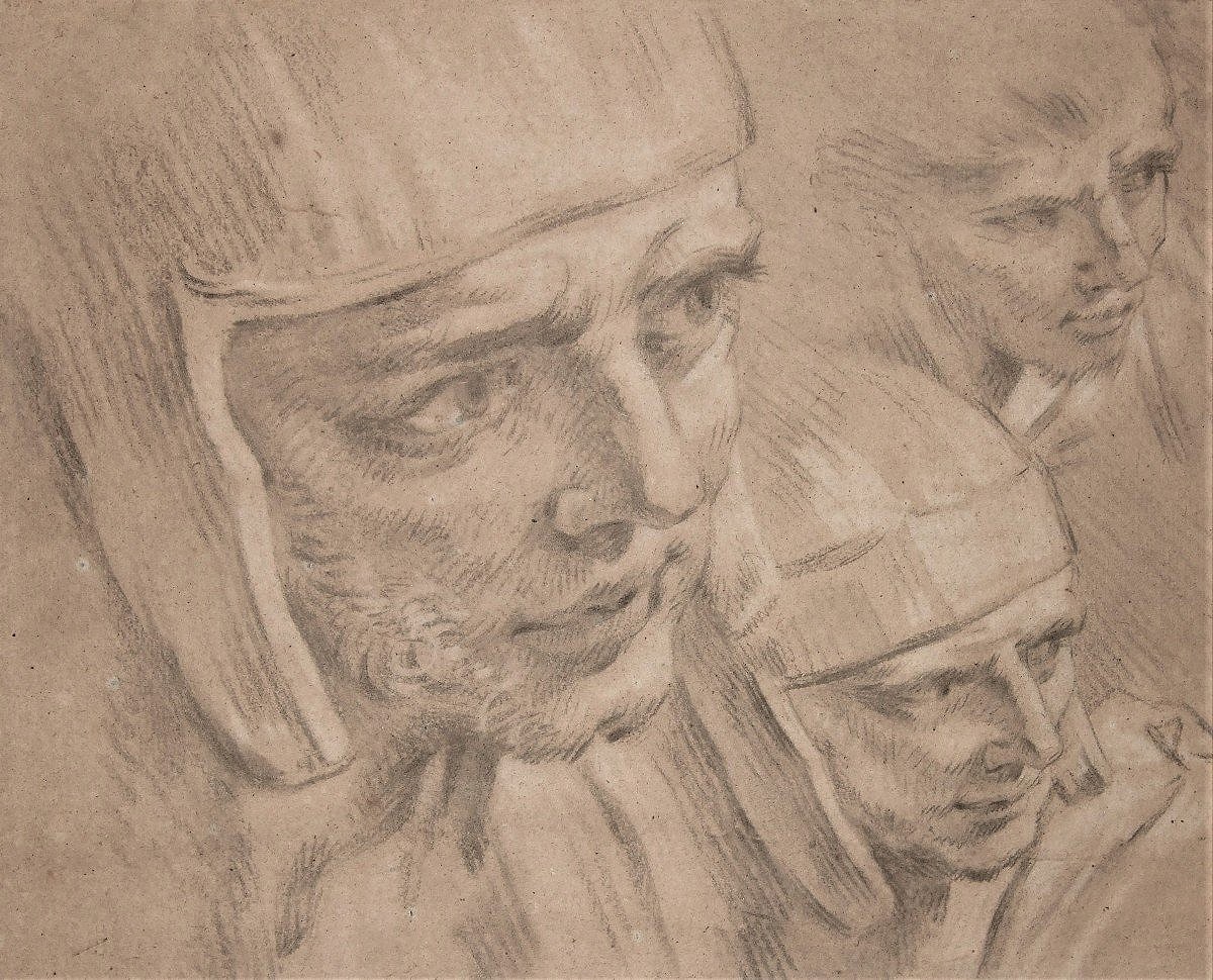 François Boucher 1703-1770. Studies Of Helmeted Faces - Counterproof.-photo-2