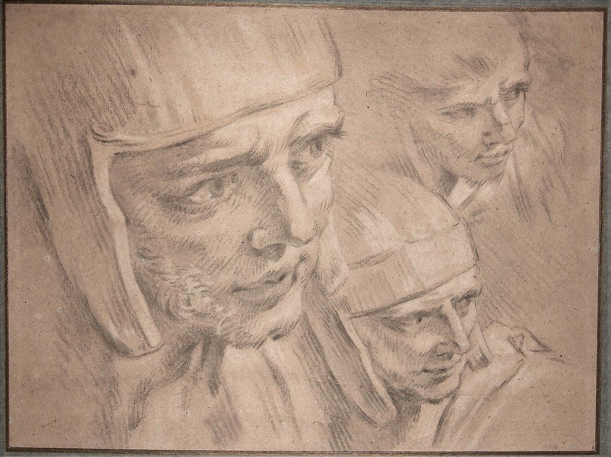 François Boucher 1703-1770. Studies Of Helmeted Faces - Counterproof.