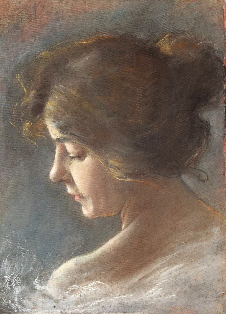 Ecole belge, vers 1900. Portrait de femme de profil.-photo-2