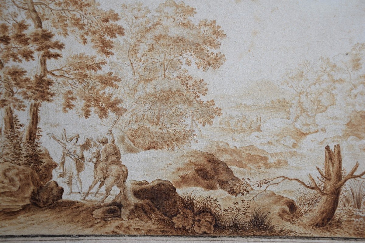Flemish School Of The 17th Century. Wooded Landscape With Balaam On His Donkey & The Angel.-photo-2