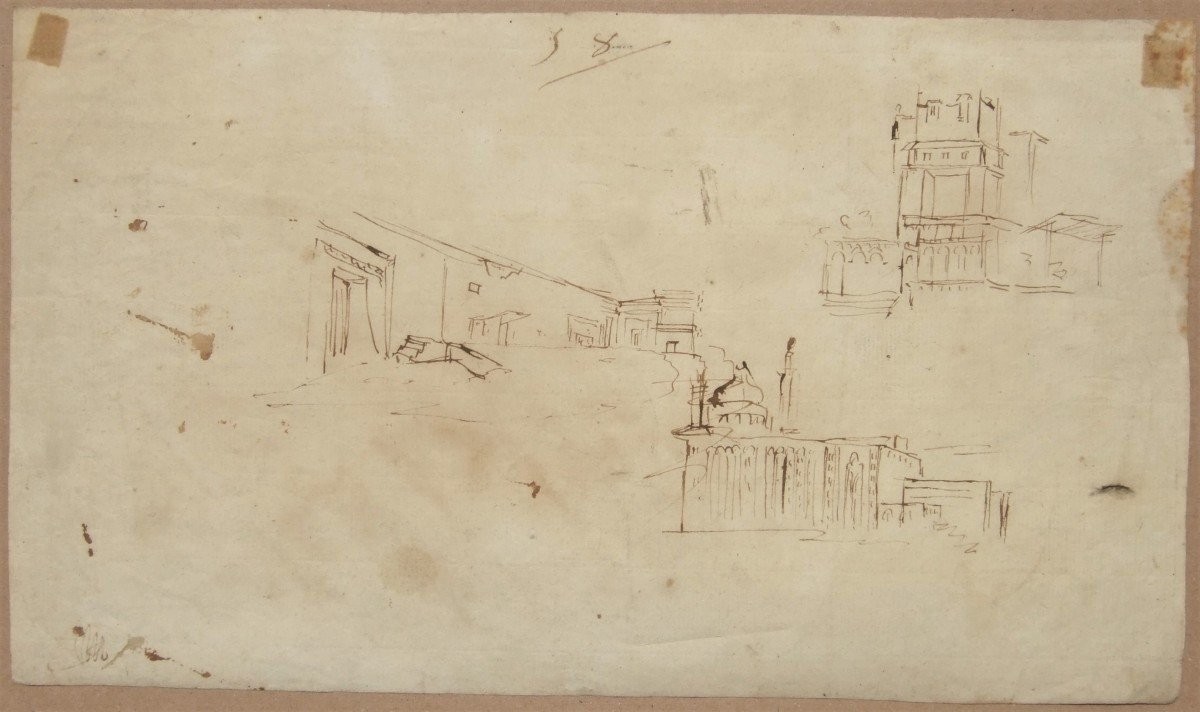 Carlo Lodi. Paysage avec un pont, animé de promeneurs. Au verso, esquisses d'architecture.-photo-2