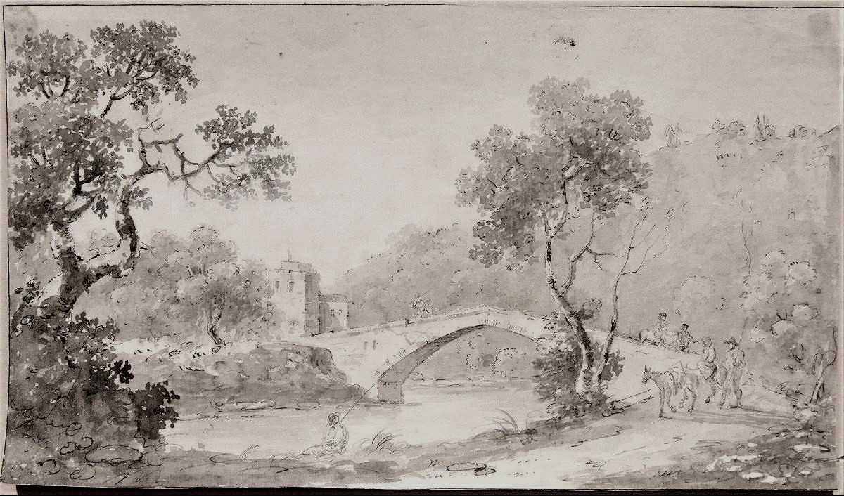 Carlo Lodi. Paysage avec un pont, animé de promeneurs. Au verso, esquisses d'architecture.