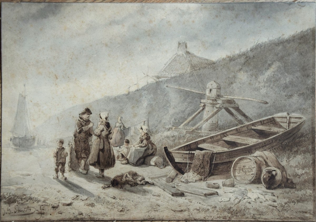 Jan Gerard Smits 1823 - 1910. Scène en bord de mer à Gravenhage., 1862-photo-2