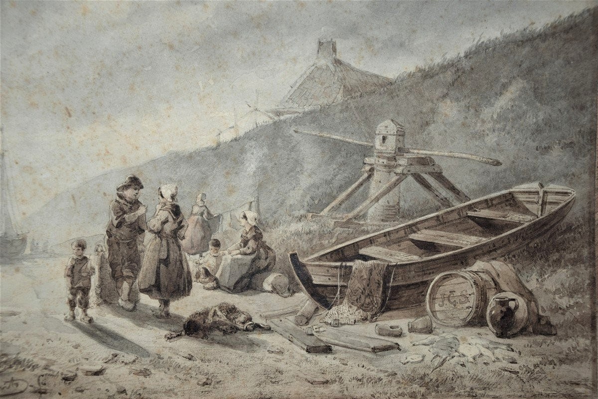 Jan Gerard Smits 1823 - 1910. Scène en bord de mer à Gravenhage., 1862