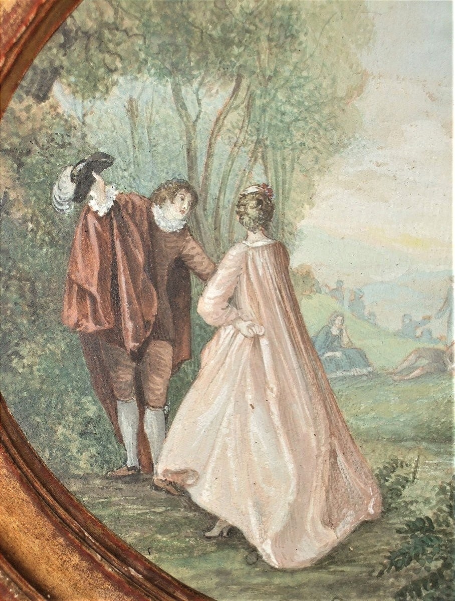 French School Of The 18th Century. Gallant Scene In A Park, A Fountain On The Right.-photo-3