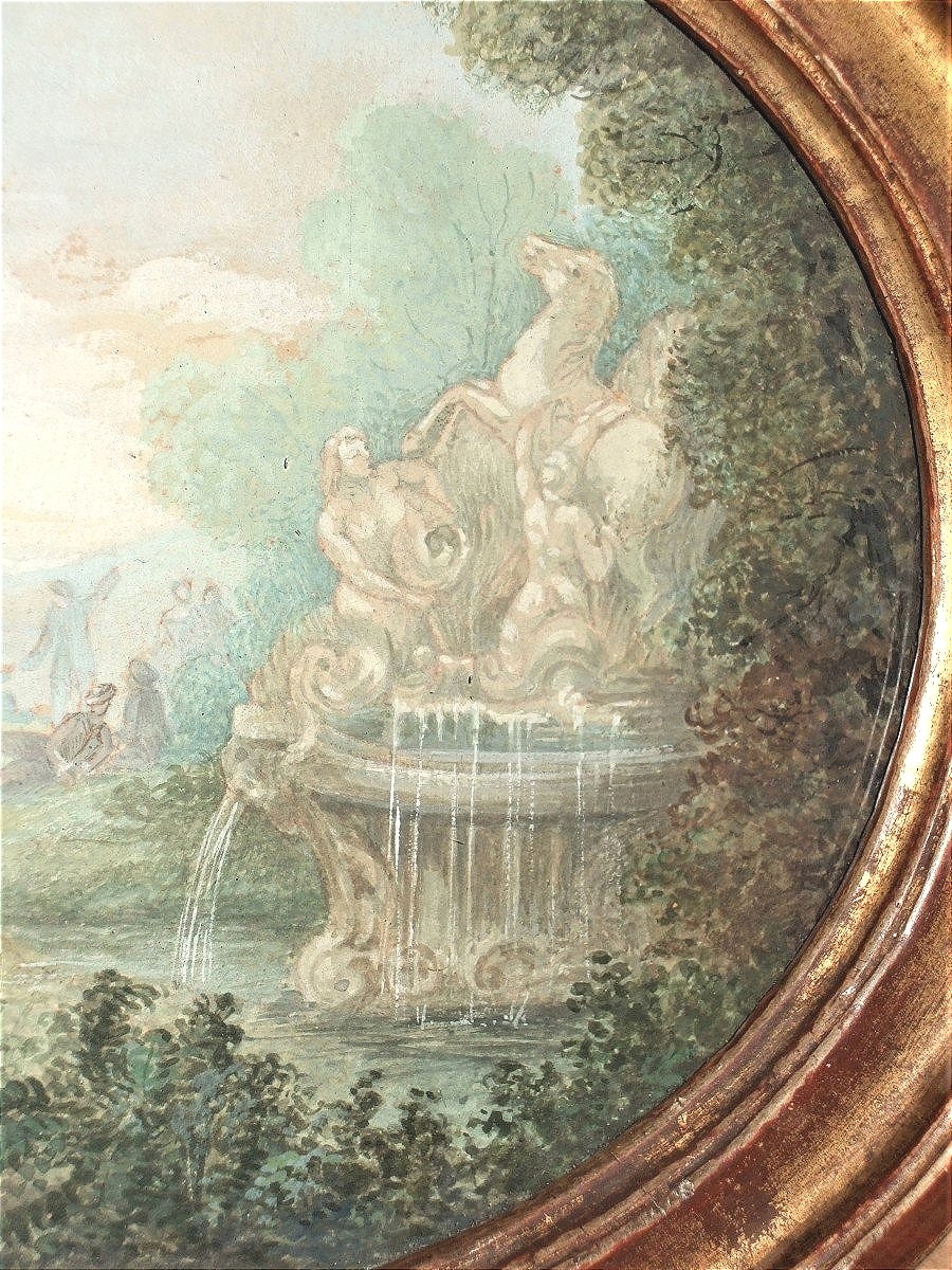 French School Of The 18th Century. Gallant Scene In A Park, A Fountain On The Right.-photo-4