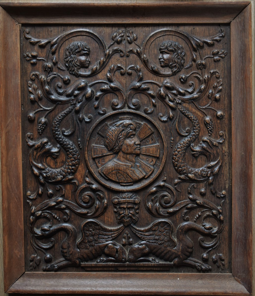 France, Circa 1550. Carved Oak Panel In Bas-relief.