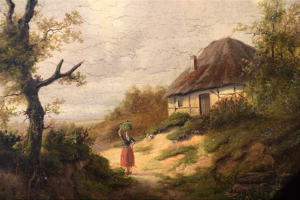 Northern School, Early 19th Century. Landscape With A Tree, Enlivened By A Peasant Woman, A Thatched Cottage On The Right.-photo-2