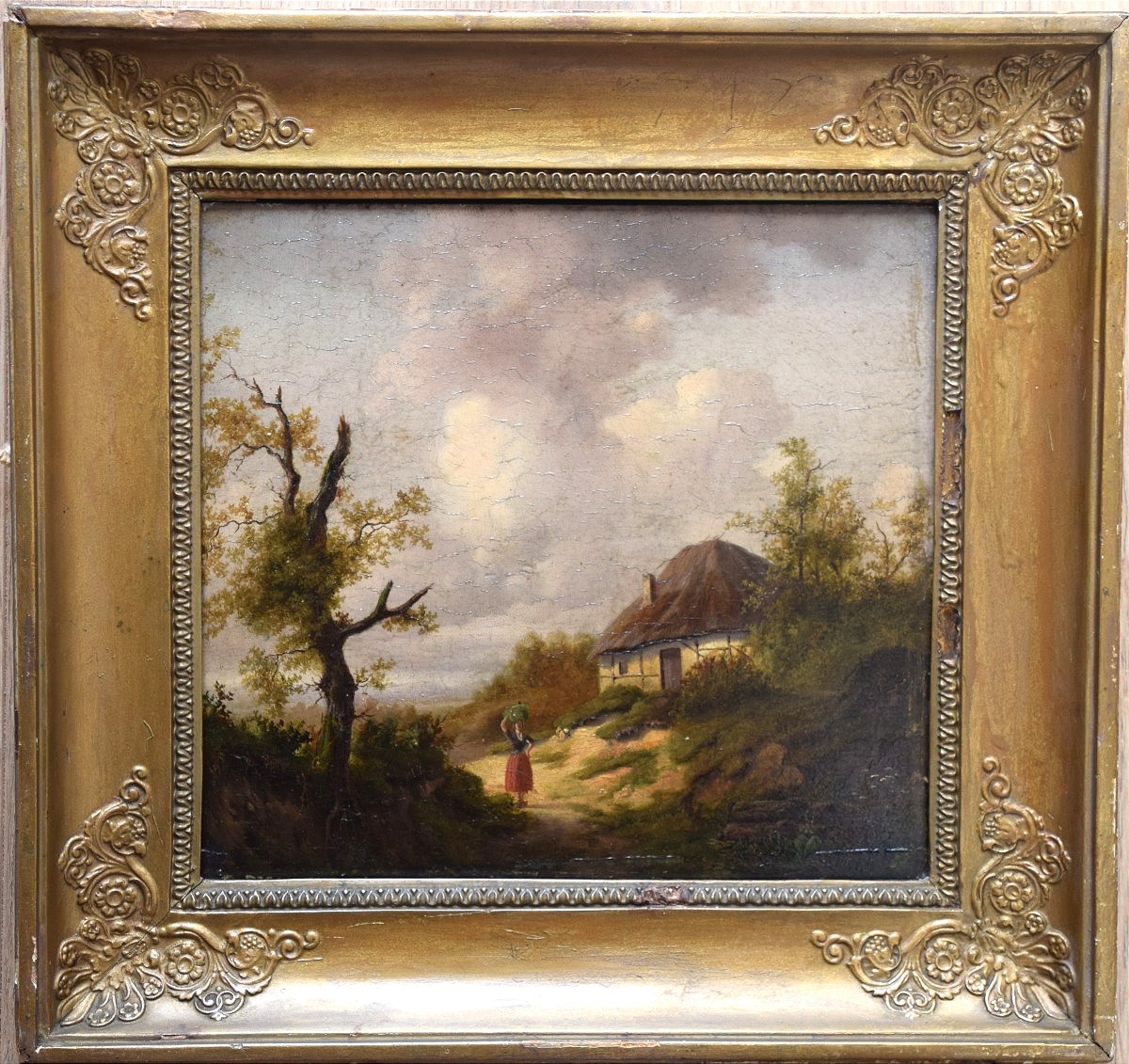 Northern School, Early 19th Century. Landscape With A Tree, Enlivened By A Peasant Woman, A Thatched Cottage On The Right.-photo-3