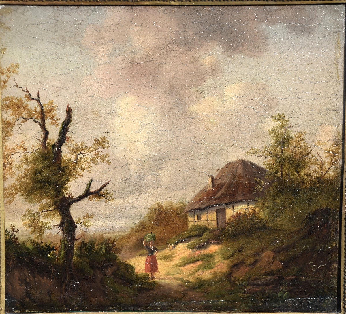 Northern School, Early 19th Century. Landscape With A Tree, Enlivened By A Peasant Woman, A Thatched Cottage On The Right.