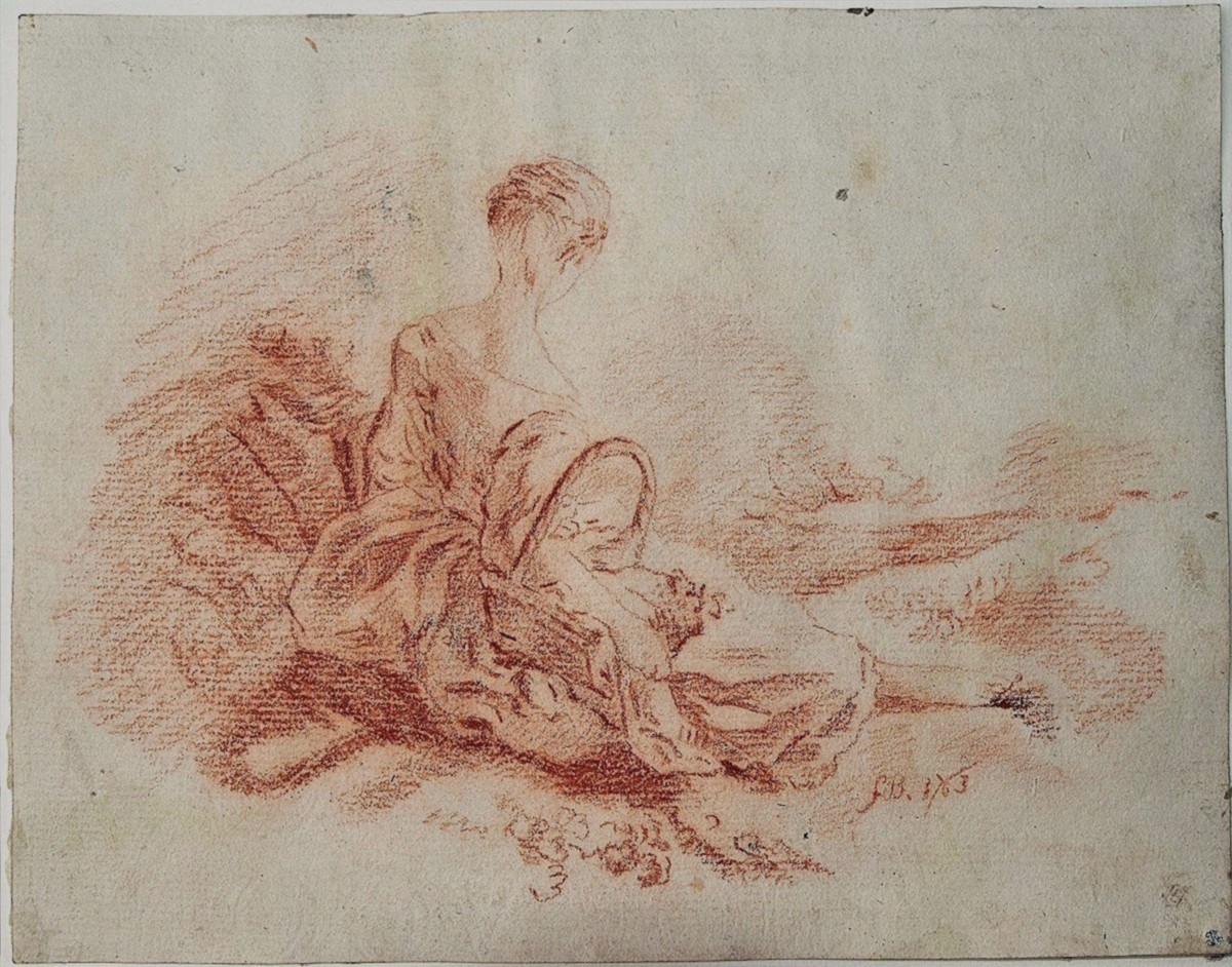 Ecole française du XVIIIè. Paysanne assise tenant son panier.