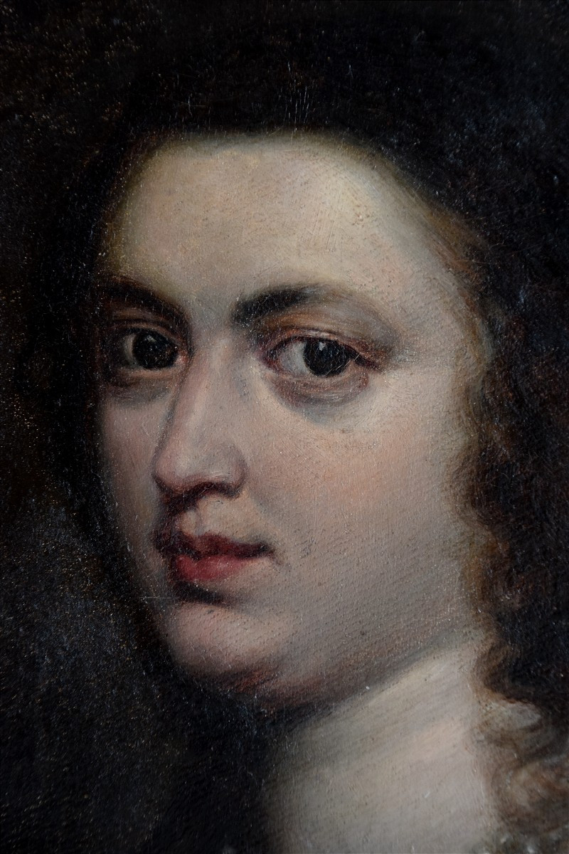 19th Century School. Portrait Of A Woman With A Pearl Necklace.-photo-2