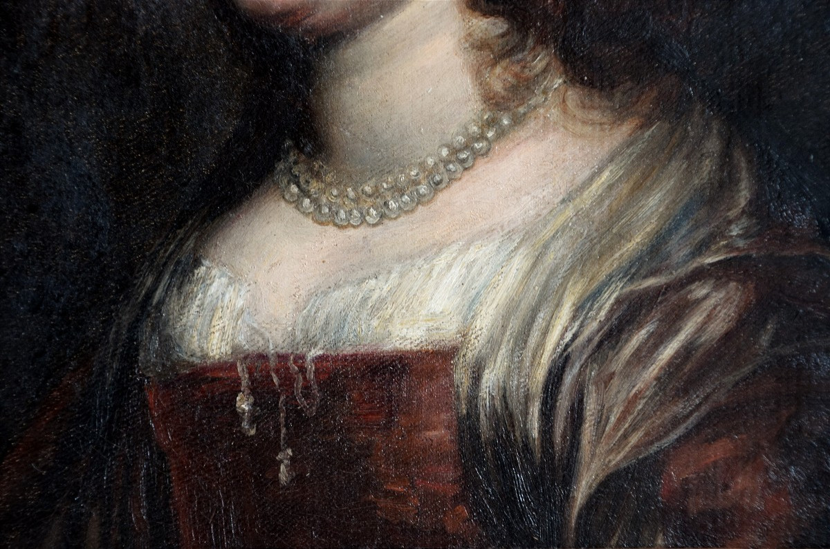 19th Century School. Portrait Of A Woman With A Pearl Necklace.-photo-4