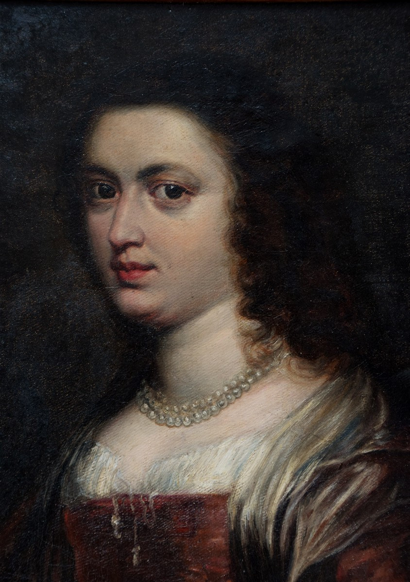 19th Century School. Portrait Of A Woman With A Pearl Necklace.