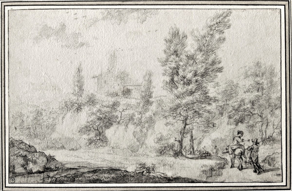 Adriaen Van Der Cabel 1631 - 1705. Lively Landscape With Two Walkers.