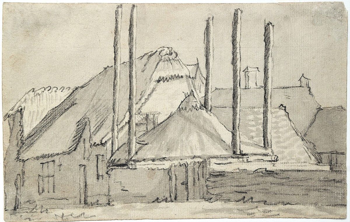 Cornelis Saftleven 1607 - 1681. Vue de chaumières avec cheminées.