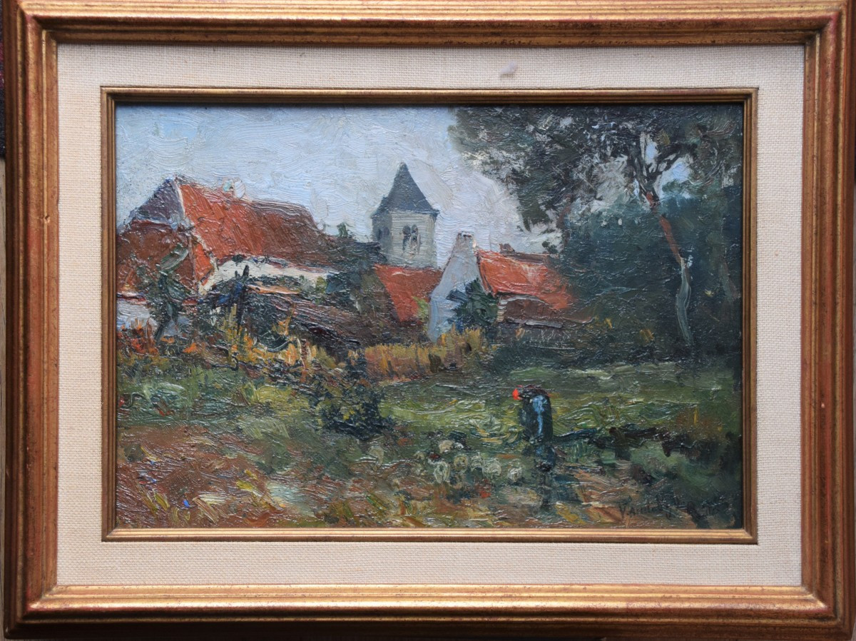 Ecole belge, début XXè. Vue de jardins à l'arrière de maisons.-photo-2