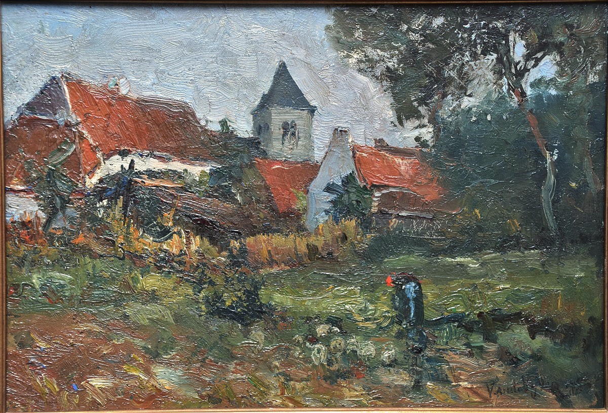 Ecole belge, début XXè. Vue de jardins à l'arrière de maisons.