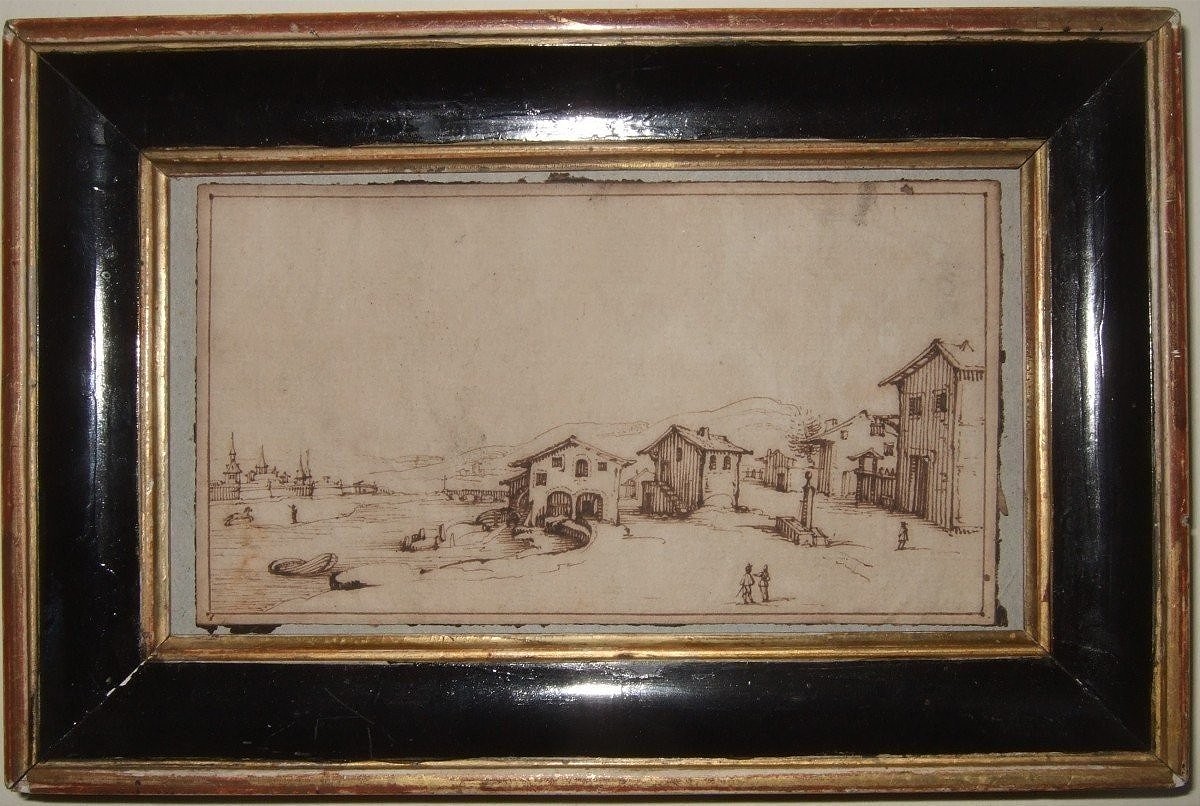 Attribué à Israël Silvestre 1621-1691. Vue de village au bord d'un fleuve. Encadré.-photo-2